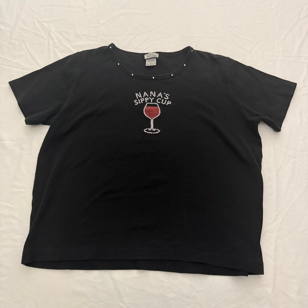 Grandmas Black Sippy Cup Wine Rhinestone Short Sleeve Size Large